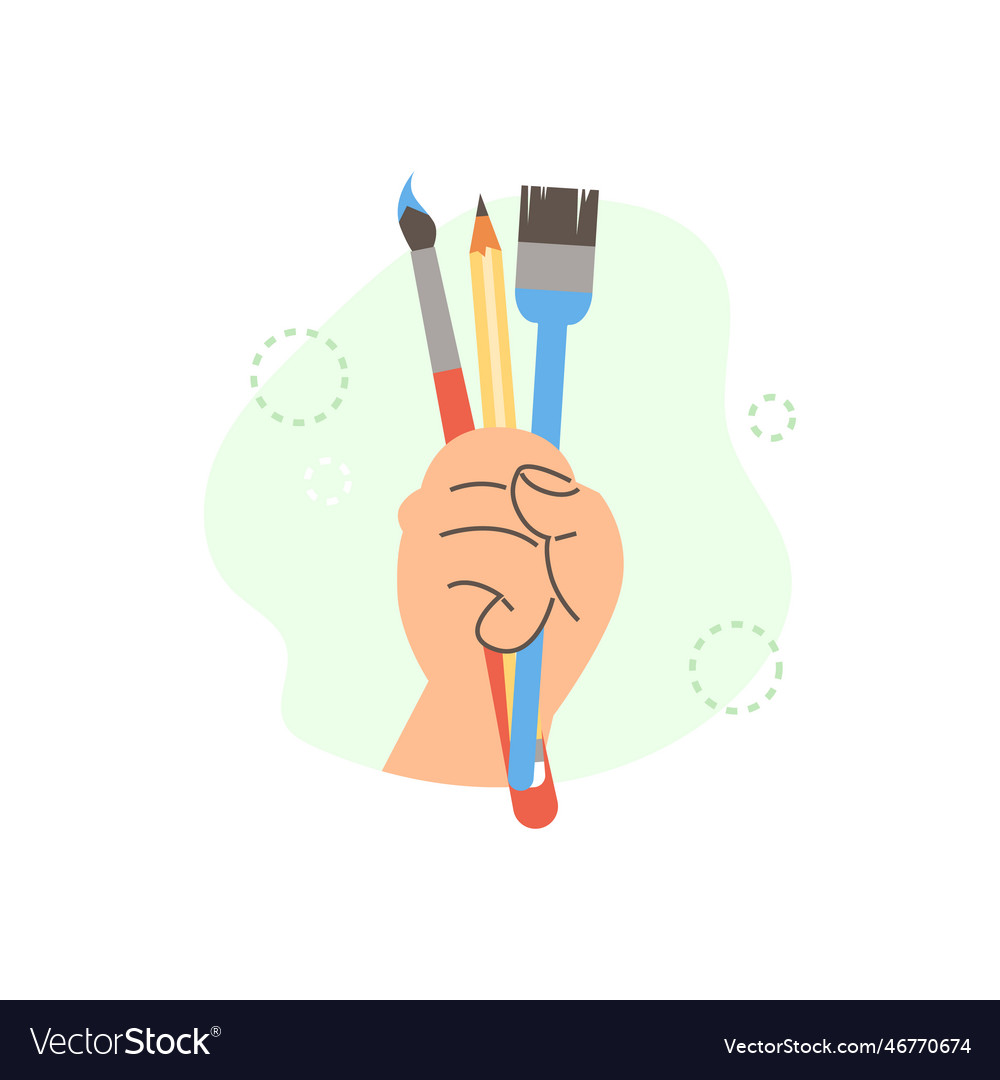Hand with tools and brushes for drawing Royalty Free Vector image.
