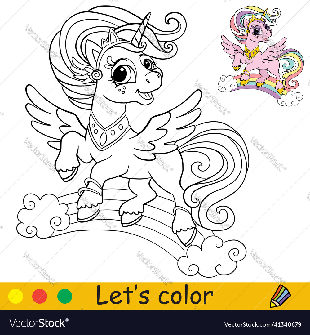 Coloring with template cute flying unicorn Vector Image