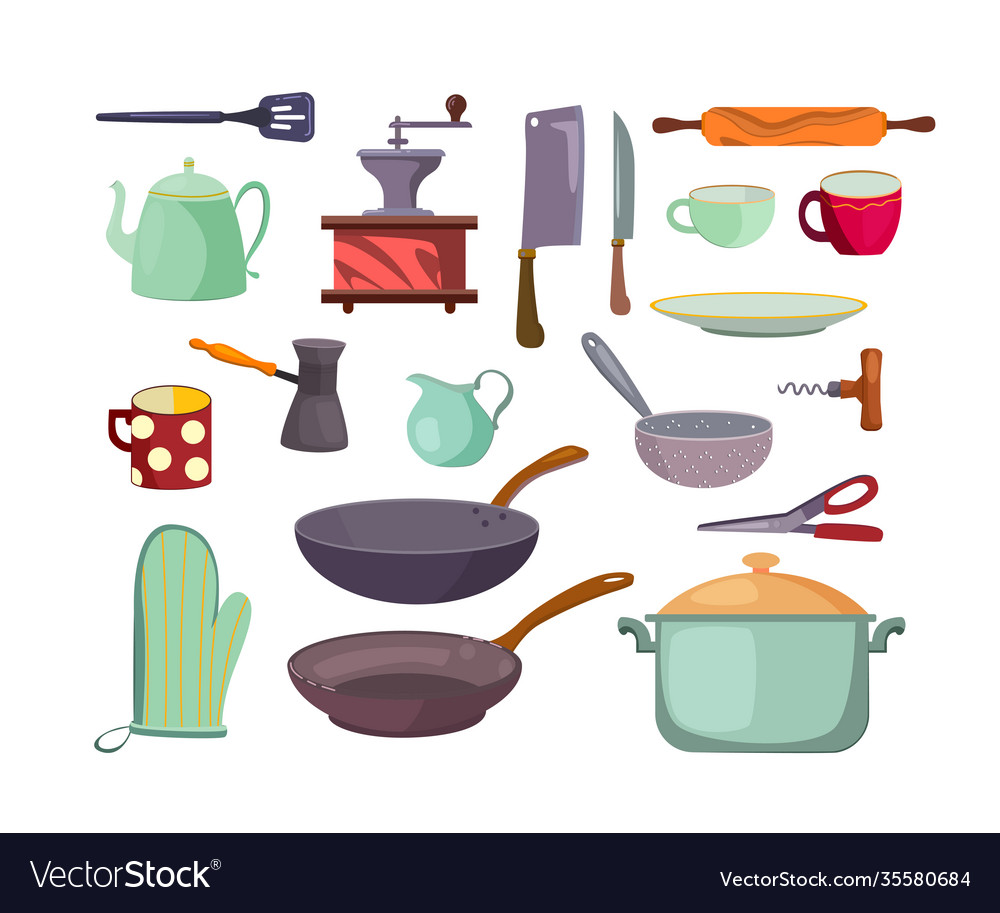 Kitchen utensils and tools flat icon set Vector Image