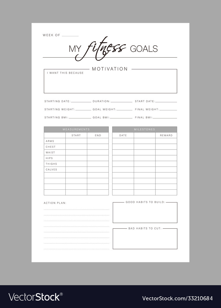 My fitness goals planner printable template Vector Image