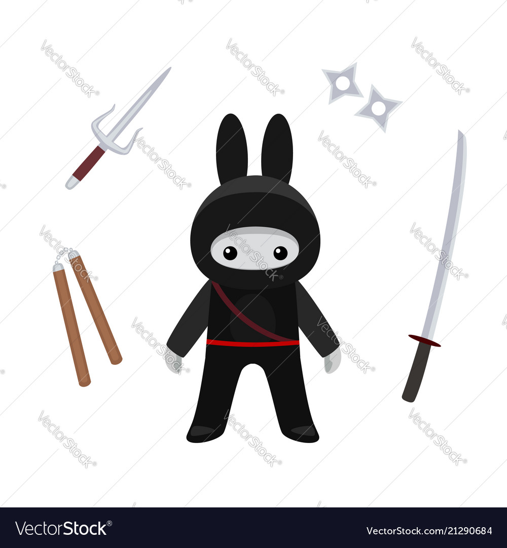 Standing cute bunny ninja with weapons isolated