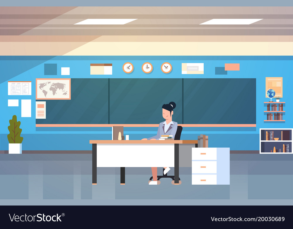 School Classroom Interior Woman Teacher Sitting At