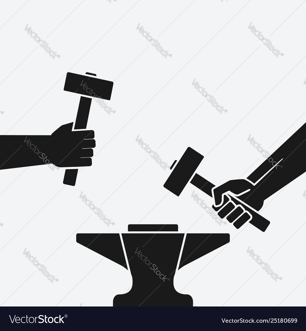 Two hands with hammers above anvil Royalty Free Vector Image