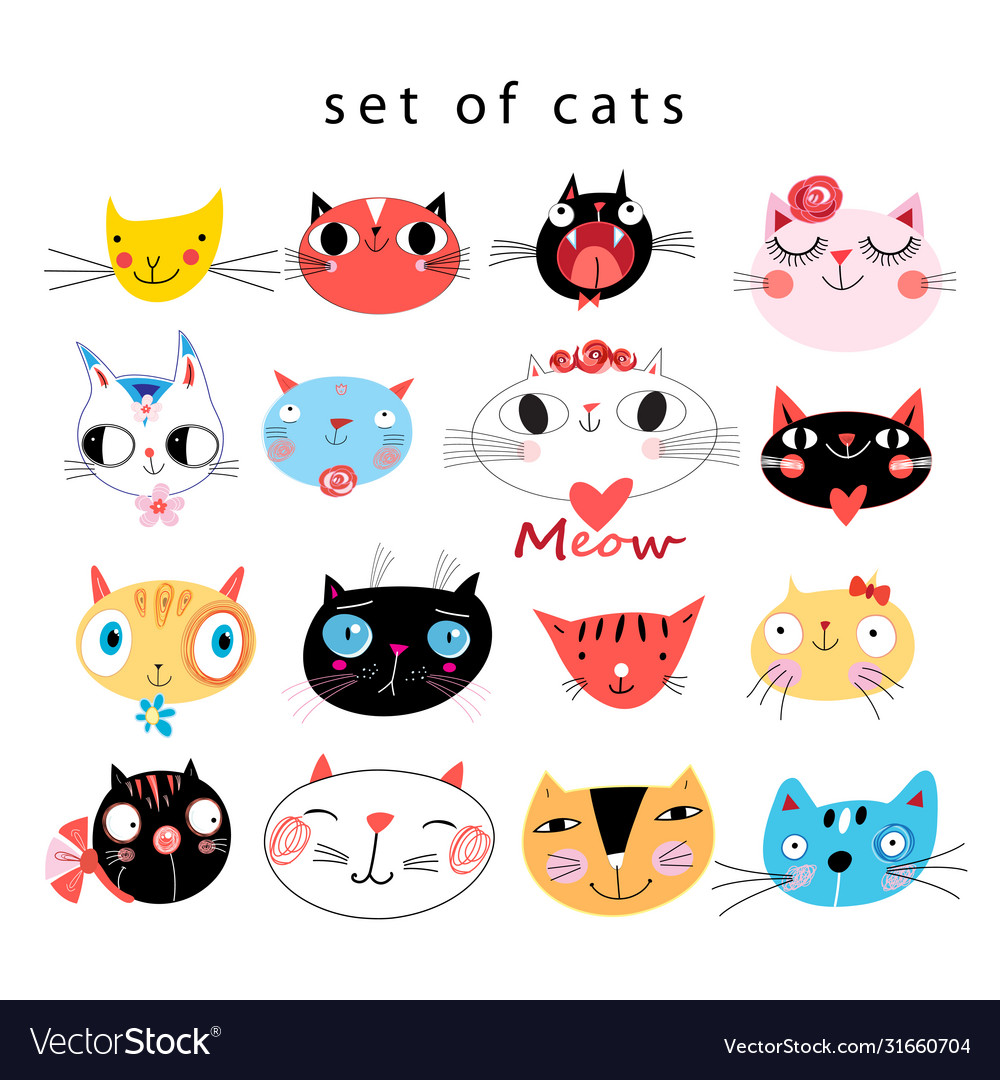 Bright set funny portraits cats Royalty Free Vector Image