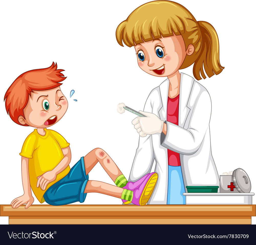 Doctor cleanin up the wound of boy Royalty Free Vector Image