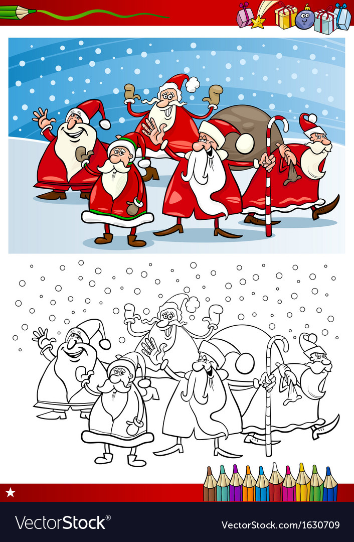 Santa claus group coloring page Royalty Free Vector Image