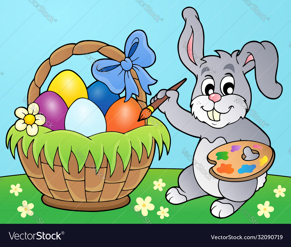 Bunny painting eggs in basket Royalty Free Vector Image