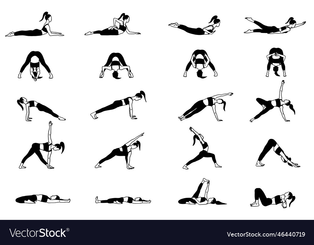 Female lady yoga poses set in cartoon shadow flat Vector Image