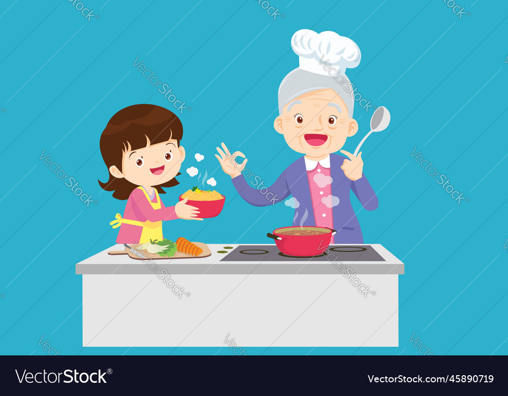 Lovely grandmother and child girl cooking Vector Image