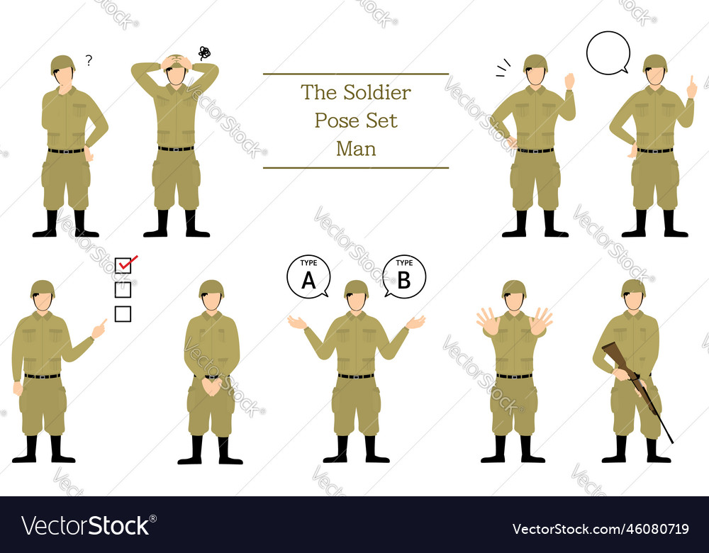 Male soldier pose set questioning worrying Vector Image