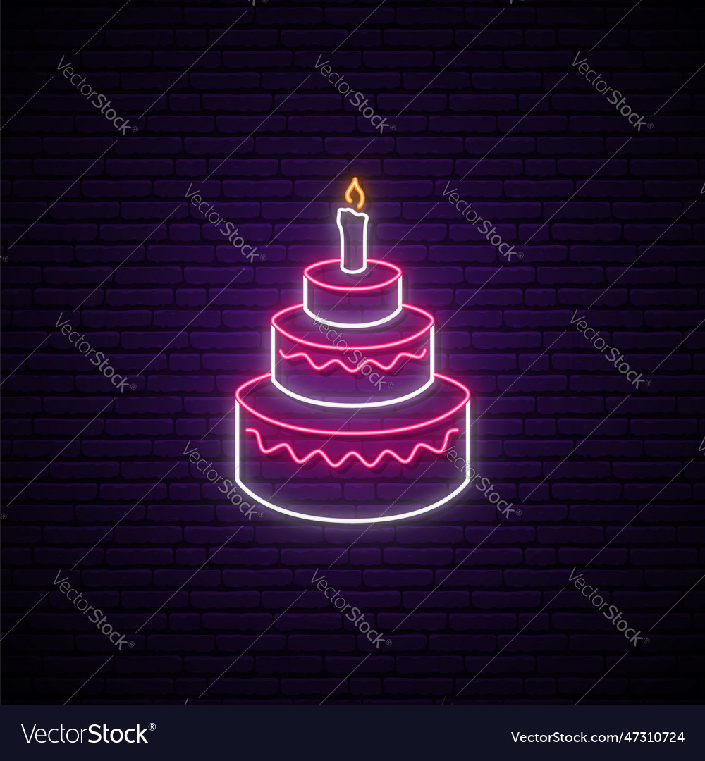 Neon birthday cake sign glowing birthday cake Vector Image