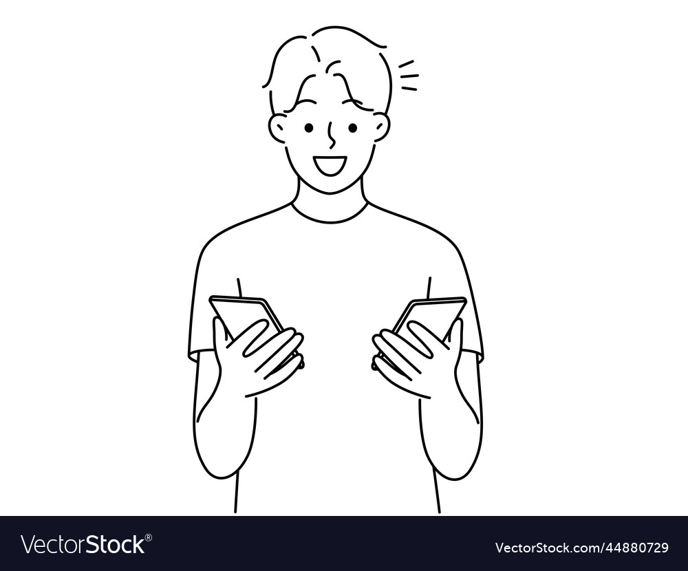 Smiling man holding cellphones Royalty Free Vector Image