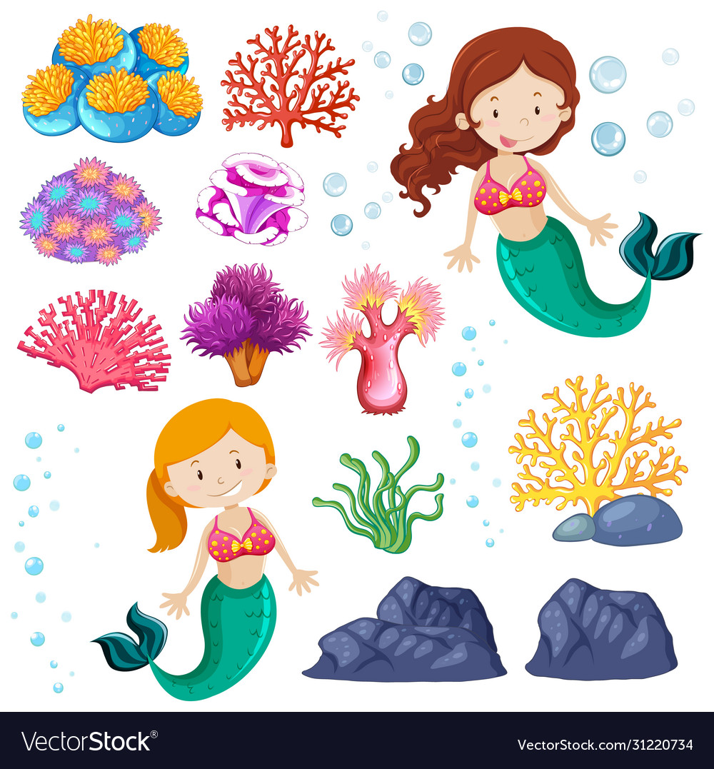 Set cute mermaid and sea theme Royalty Free Vector Image