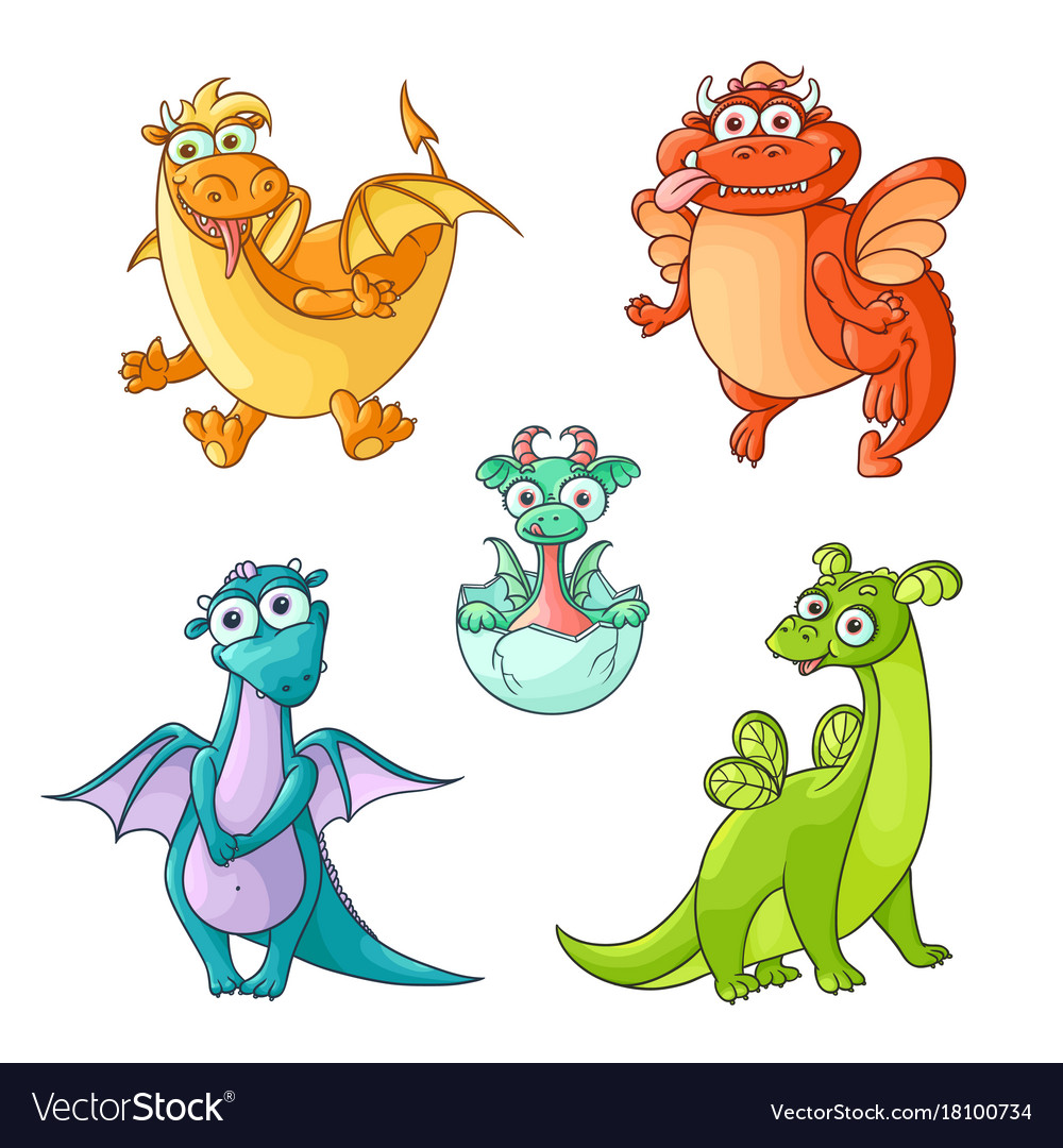 Set of funny cartoon hand drawn dragon characters Vector Image Set of funny cartoon hand drawn dragon characters Vector Image