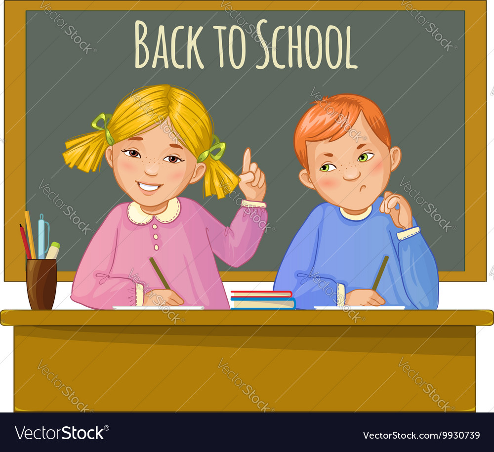 Boy and girl at the desk near blackboard Vector Image