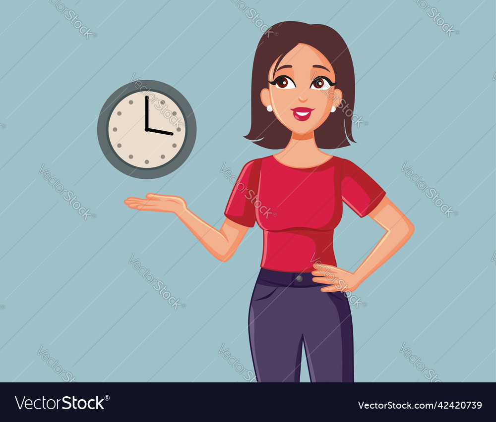 Happy woman showing a clock cartoon Royalty Free Vector