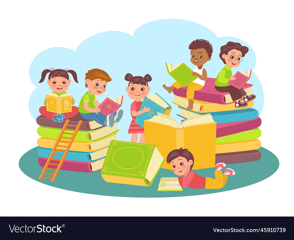 Joint reading books young readers among large Vector Image