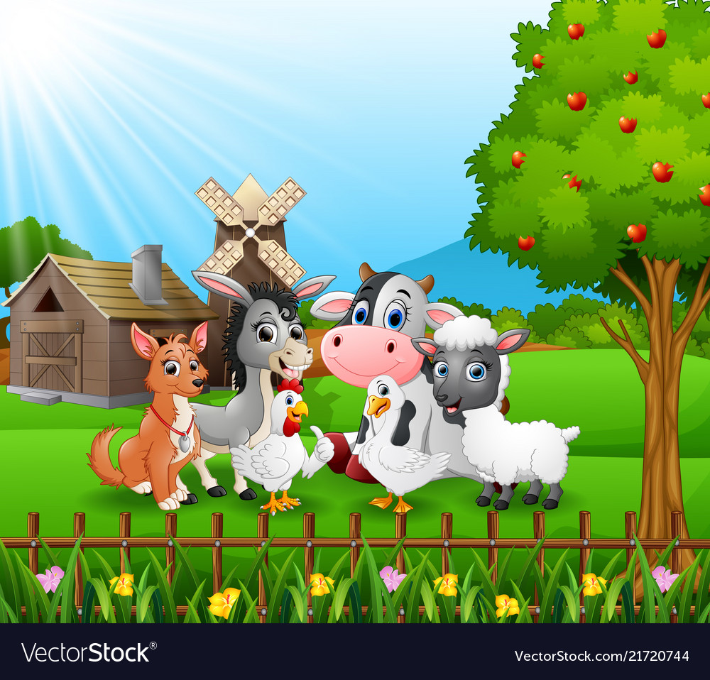 Farm background with happy animals Royalty Free Vector Image