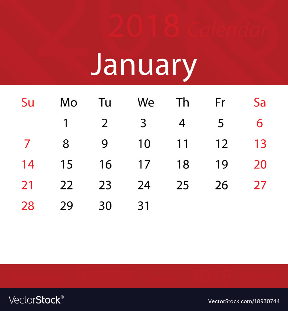 January 2018 Calendar Popular Red Premium Vector Image