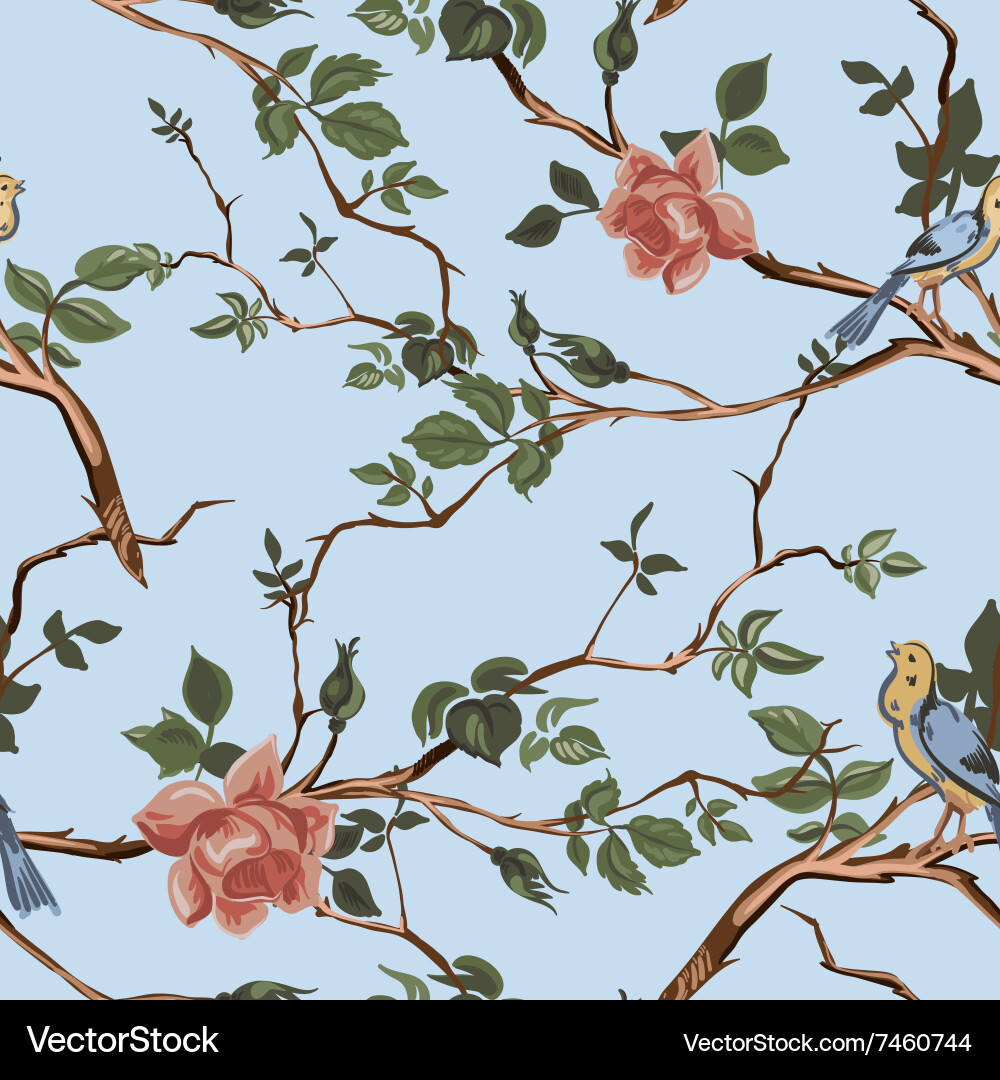 Rose blossom branches with bird seamless pattern Vector Image