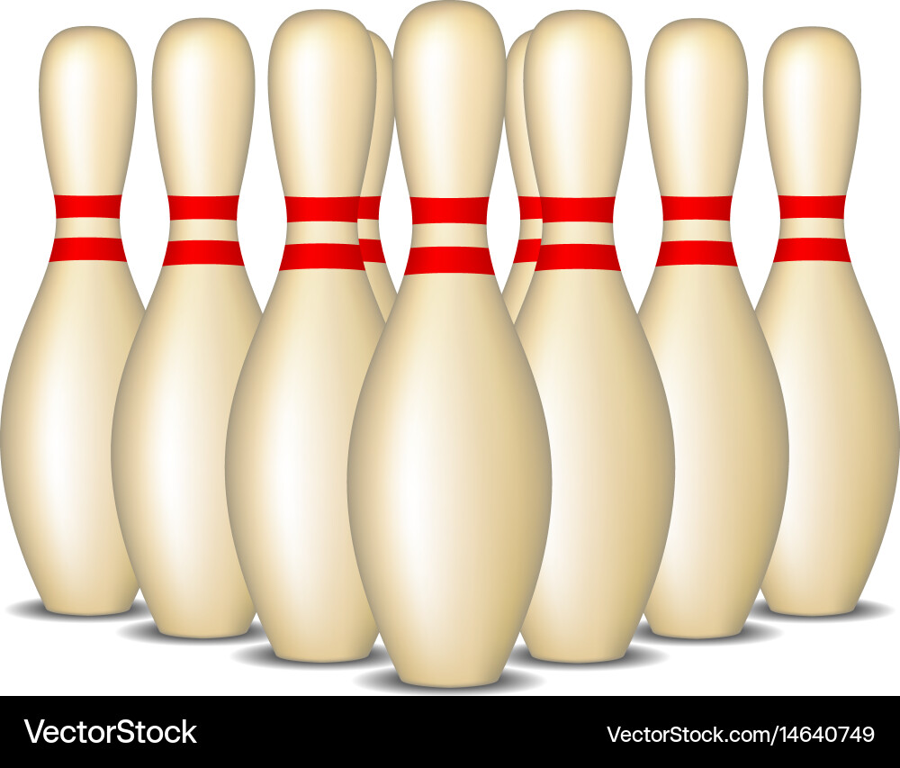 Bowling pins with red stripes standing in formatio