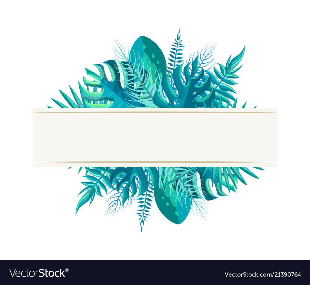 Empty Banner With Tropical Plants Leaves In Blue Vector Image