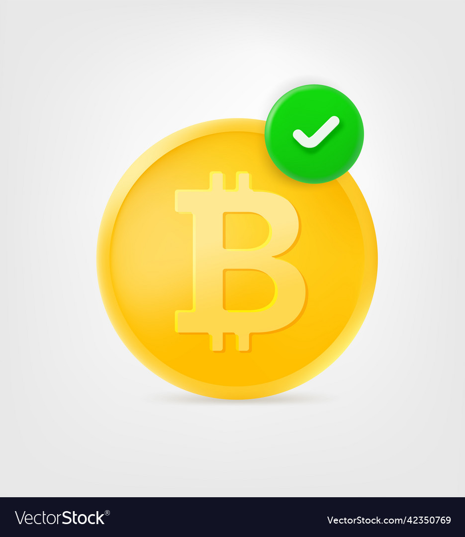 Golden bitcoin with green checkmark 3d icon Vector Image