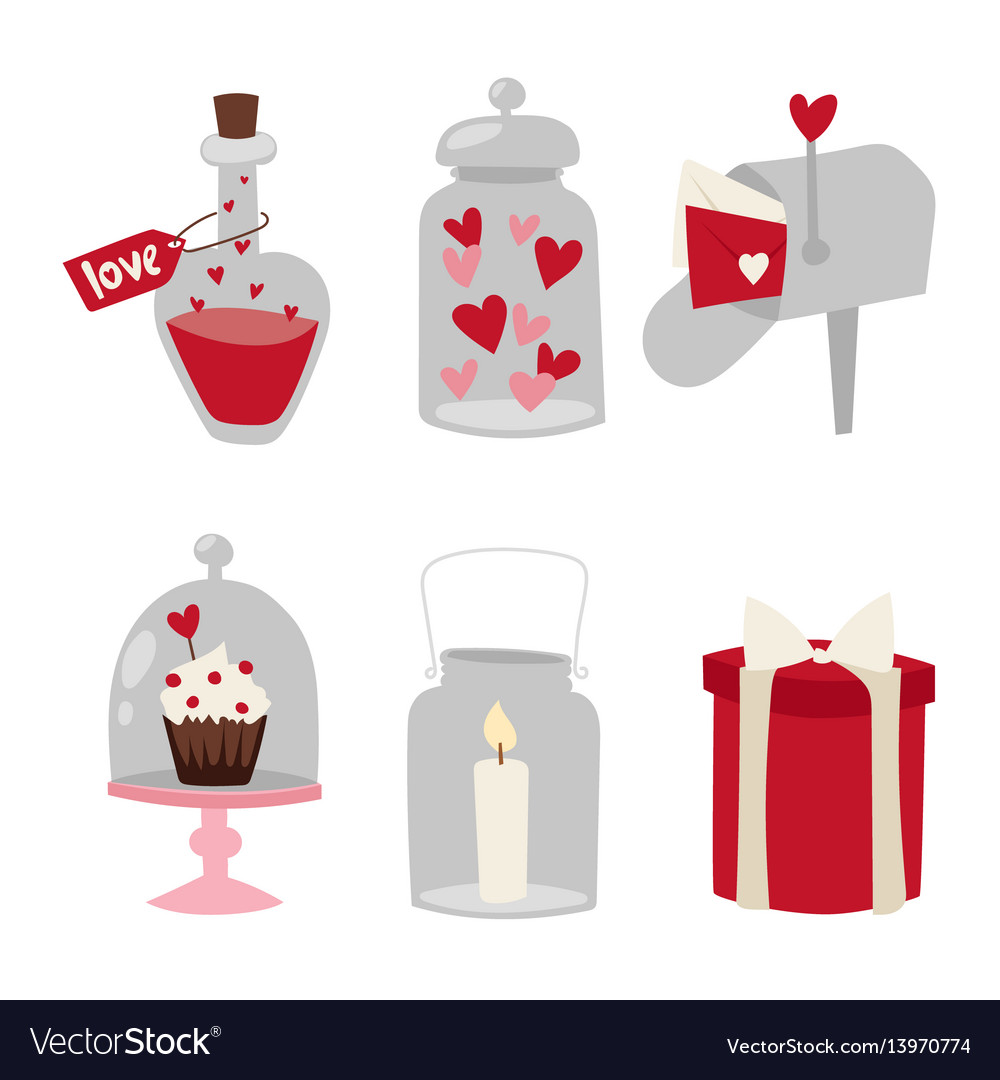 Happy valentine day flat design love wedding items vector image Happy valentine day flat design love wedding items