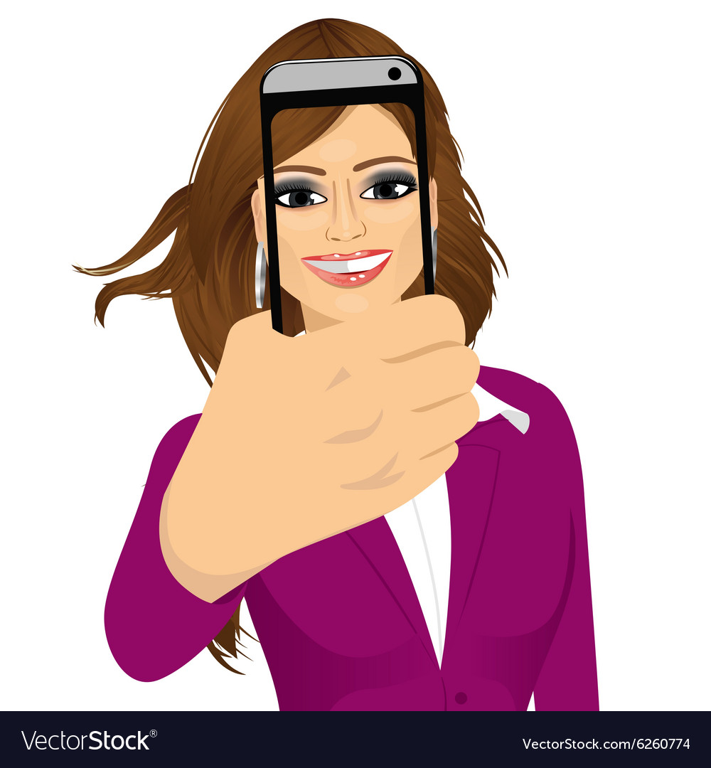 Happy woman taking a selfie using her smartphone Vector Image