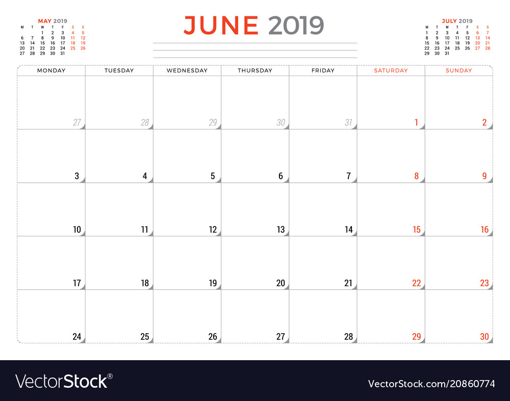 june 2019 calendar planner stationery design vector image may june july 2019 calendar