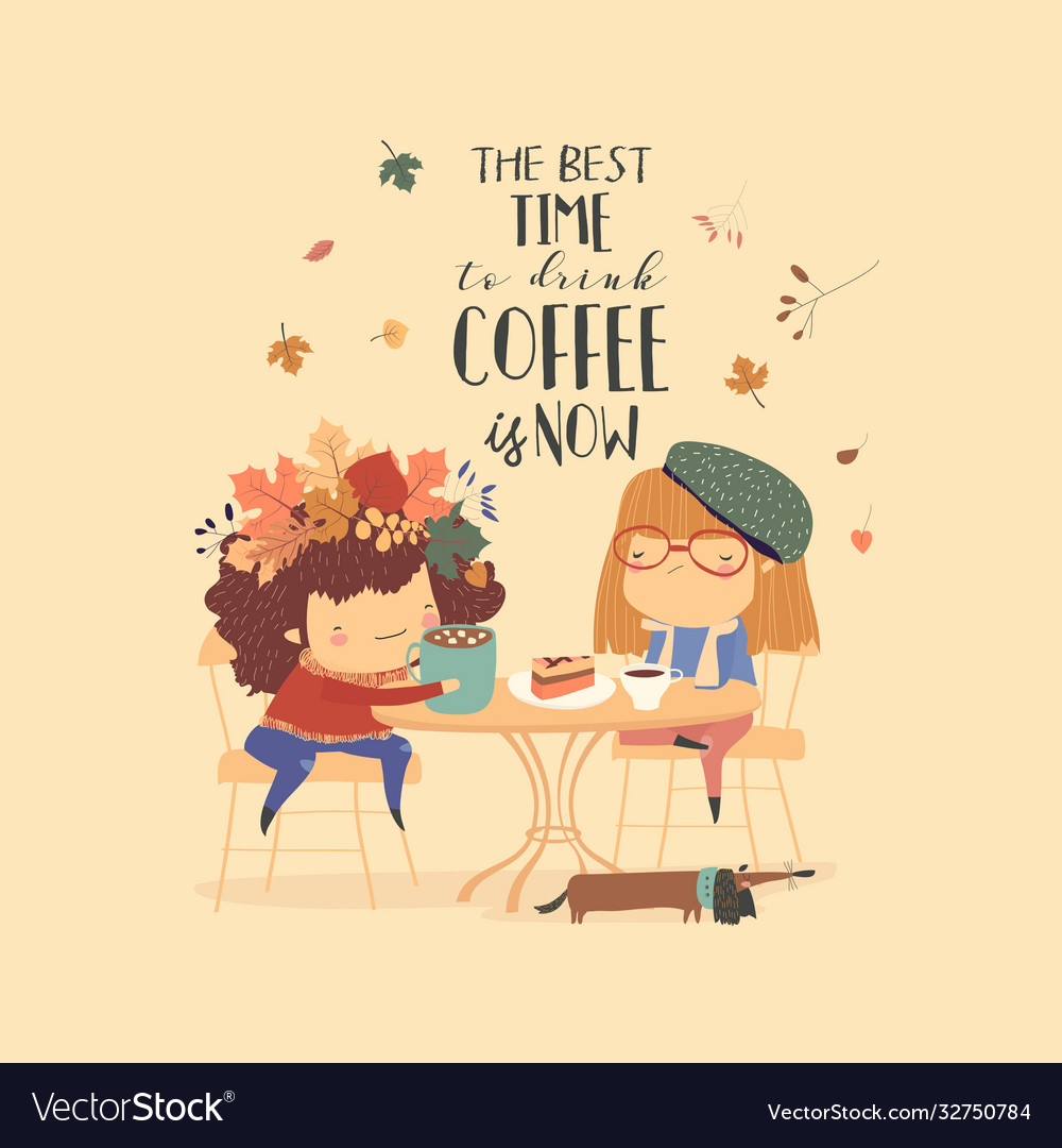 Two cute girls friends drinking coffee at cafe Vector Image