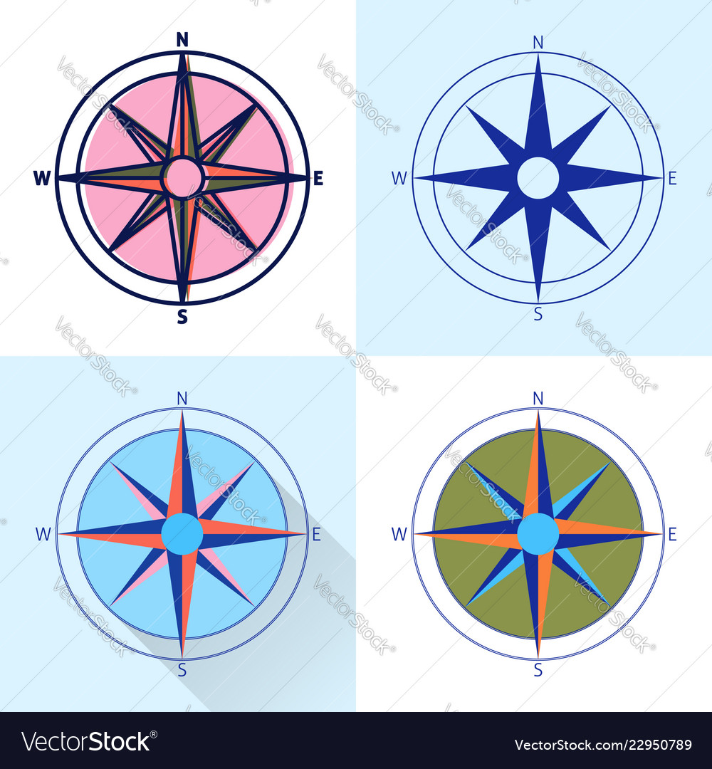 Compass rose icon set in flat and line styles vector image Compass rose icon set in flat and line styles