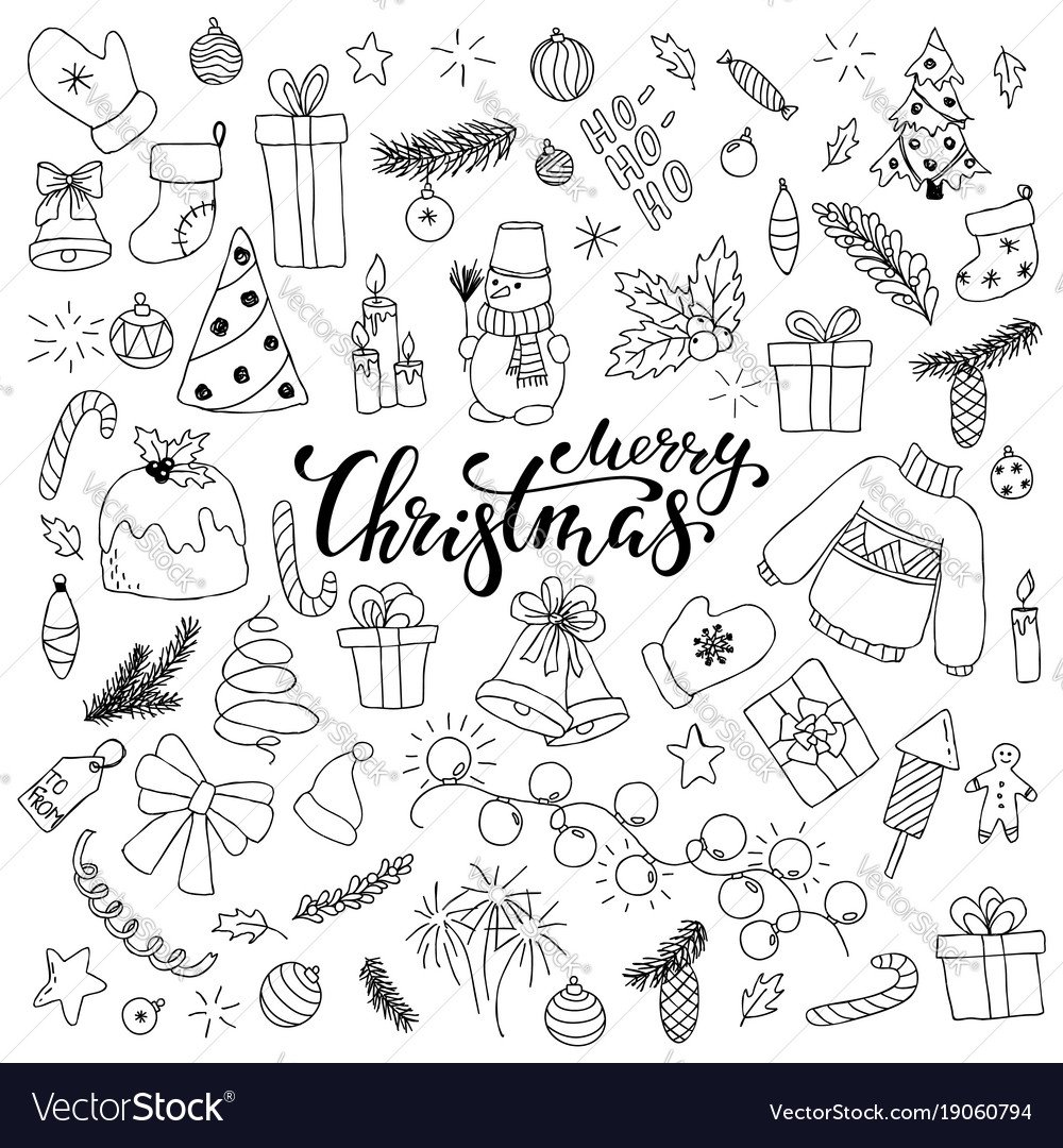 happy new year and merry christmas doodle set vector image christmas doodle