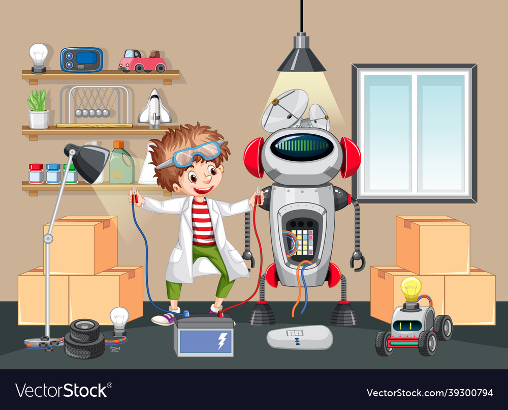 School students characters assembling robot boy Vector Image