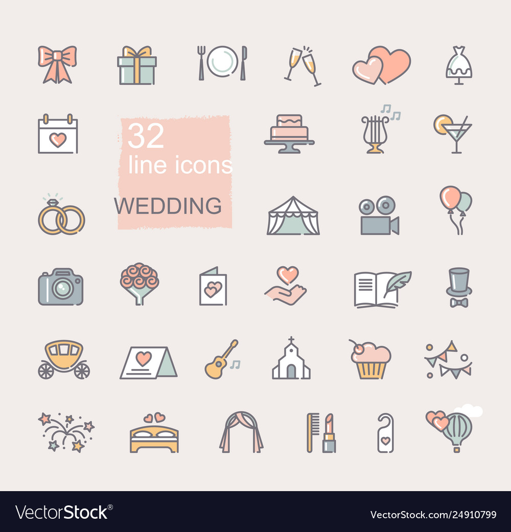 Wedding icon set line colored symbols Royalty Free Vector