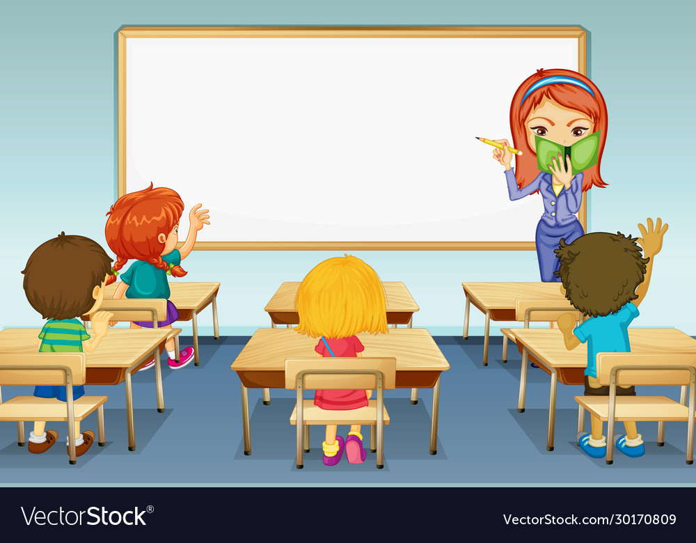 Scene with teacher and many students in classroom Vector Image