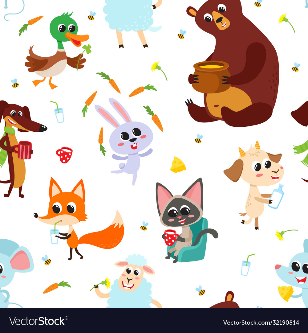 Cute adorable animals character eating different Vector Image Cute adorable animals character eating different Vector Image
