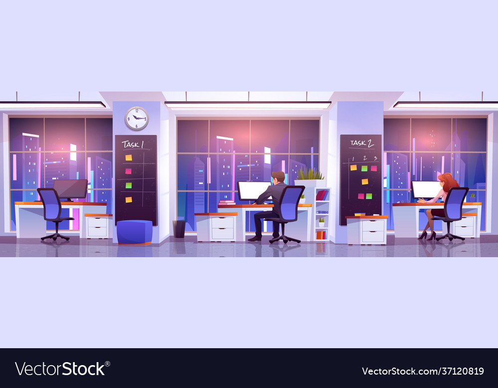 Office workers at workplace at night time vector image Office workers at workplace at night time