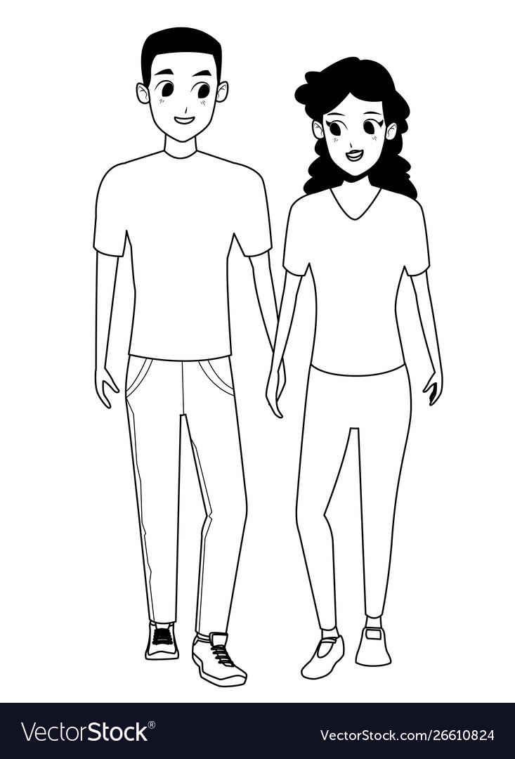 Young couple smiiling and walking cartoon in black