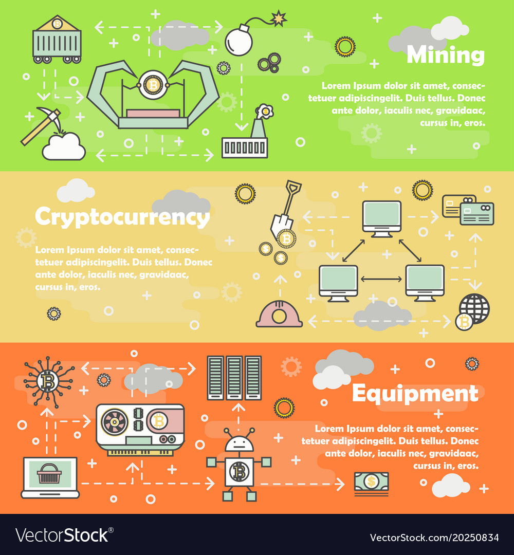 Bitcoin mining concept flat line art banner