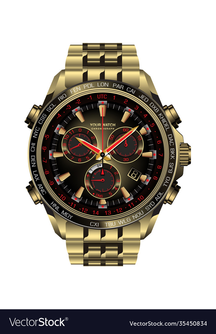 Realistic clock watch chronograph gold black red