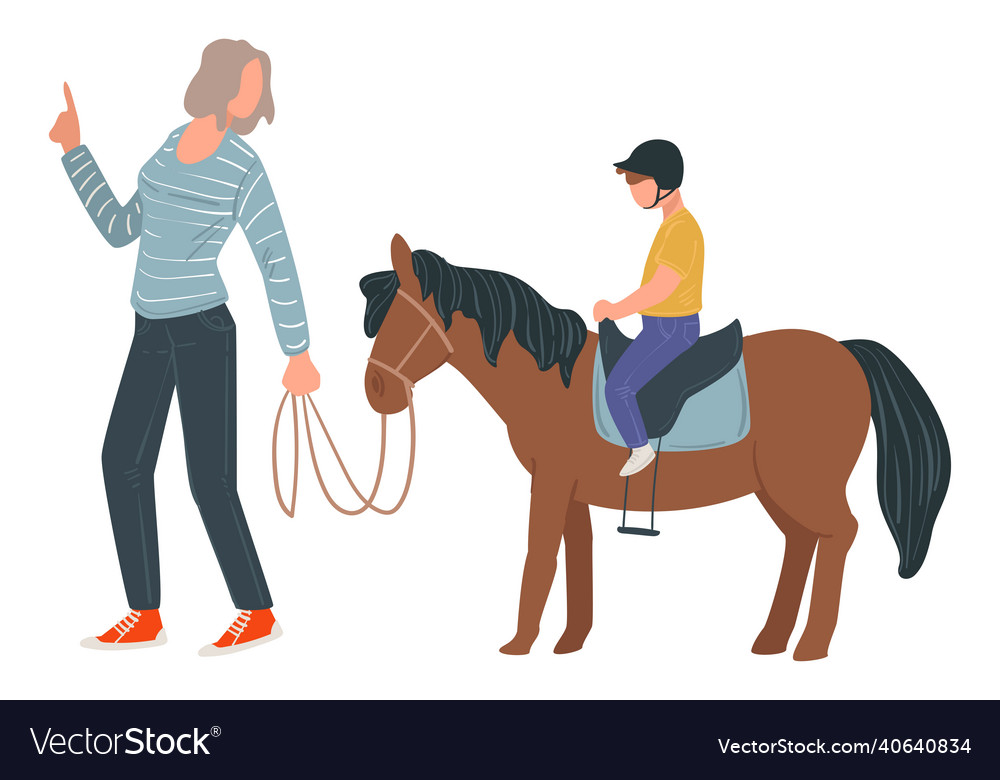 Woman teaching young boy to ride horse Royalty Free Vector Woman teaching young boy to ride horse Royalty Free Vector