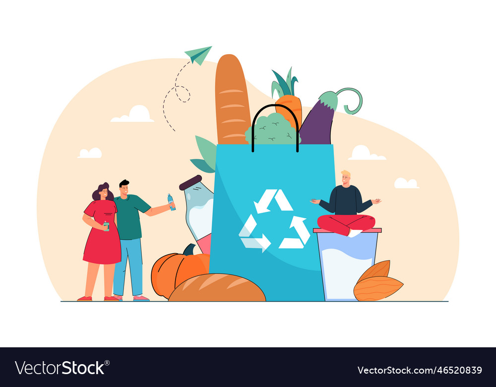 Organic food in bag and tiny people with eco Vector Image