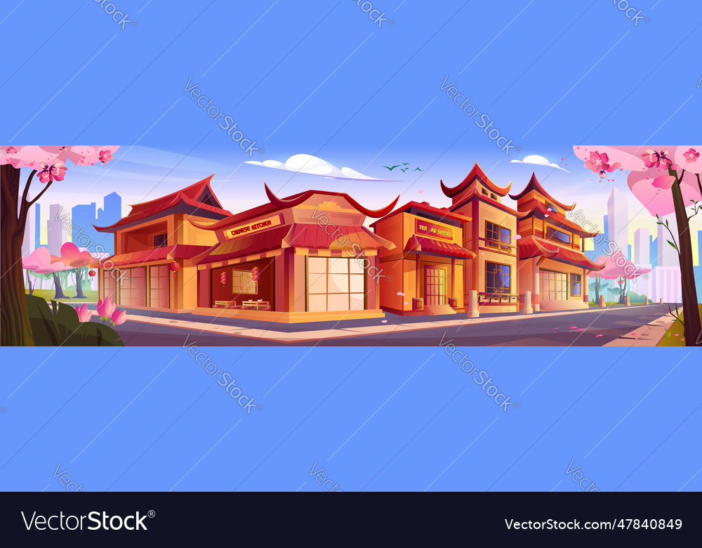 Chinese restaurant building on town street cartoon