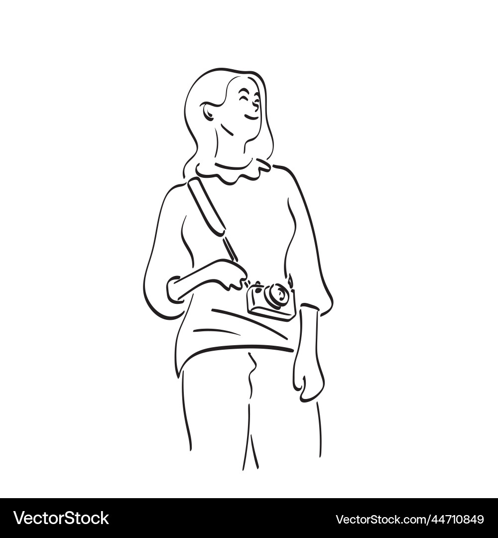 Woman with compact camera hand drawn Royalty Free Vector