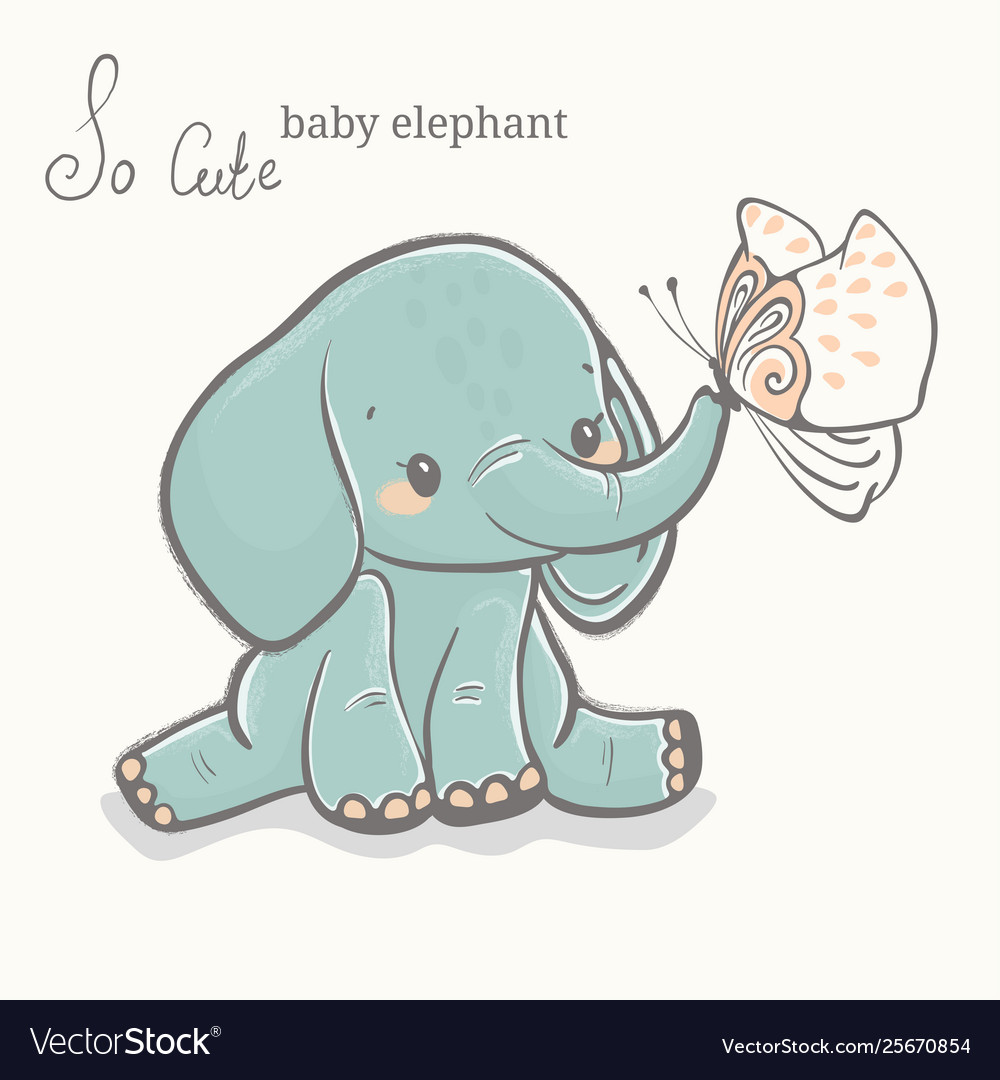 Baby elephant with butterfly cute animal drawing Vector Image