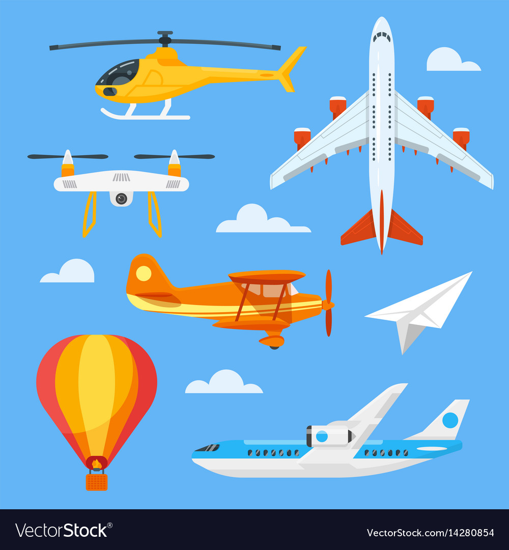 Flat style set of colorful air transport