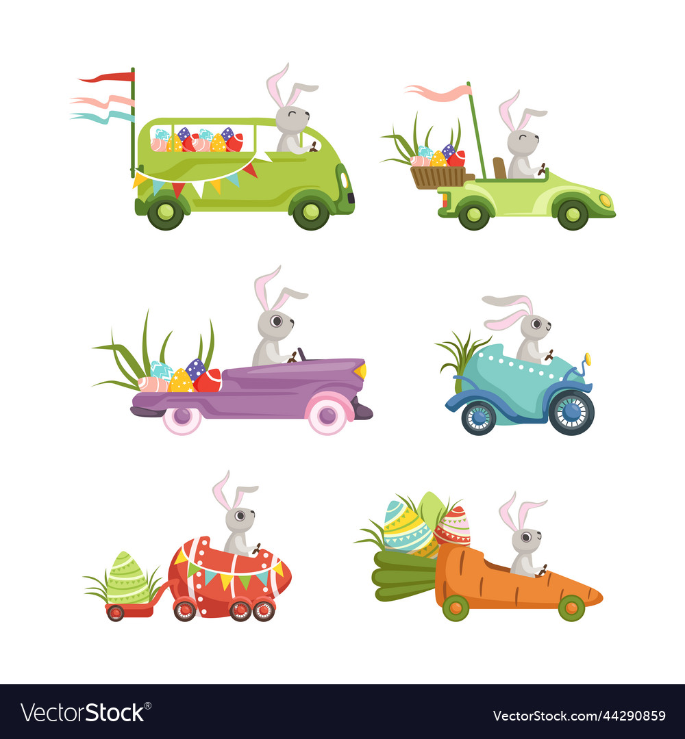 Cute hare with long ears driving retro car Vector Image