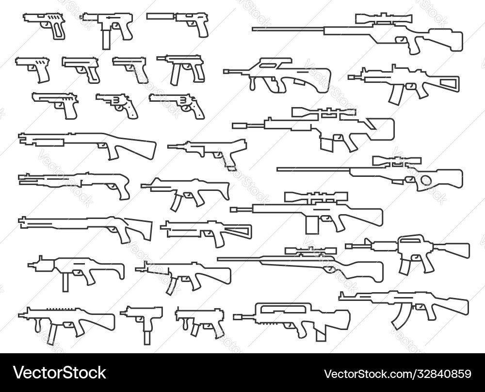 Guns weapons set in thin line style Royalty Free Vector