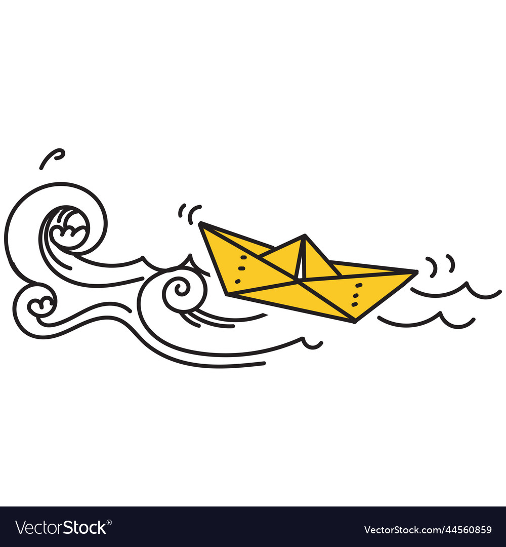 Hand drawn doodle paper boat in big waves Vector Image